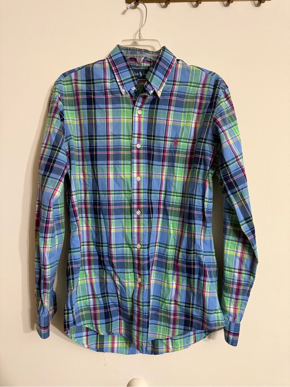 Ralph Lauren-Men M Classic Fit- Blue Green Pink Plaid-Long Sleeve Button Down